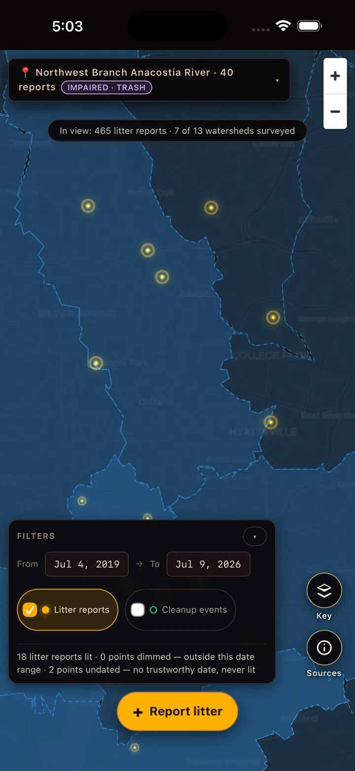 Trash Trail on a phone: the explore map with watershed header, litter report points, date filters, and the Report litter button